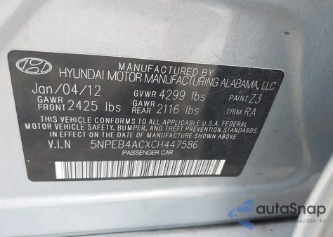 2012 Hyundai Sonata Gls из США, поврежденный, VIN 5NPEB4ACXCH447586